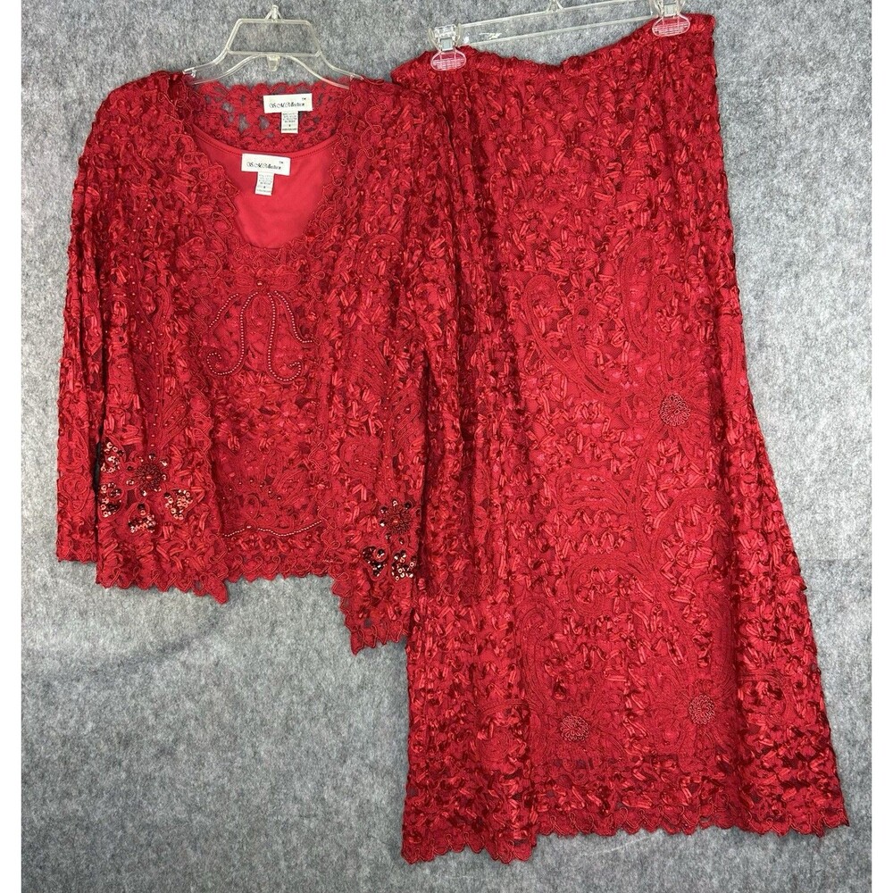 Vtg S.M. Collection Red Bead Lace Ribbon Blouse Jacket Skirt Set Evening Wear S